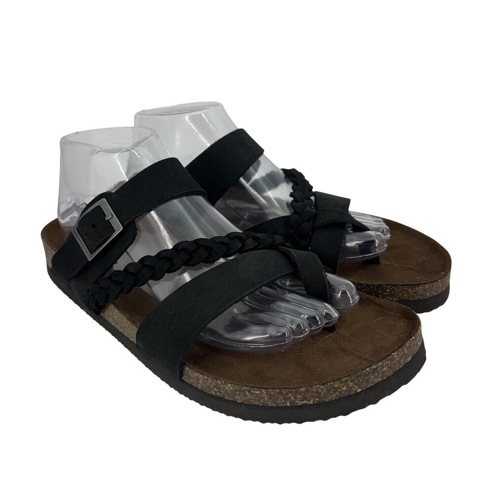 Mountain Sole Sandals Shoes Womens Size 10 Black Leather Braided Thong Cork